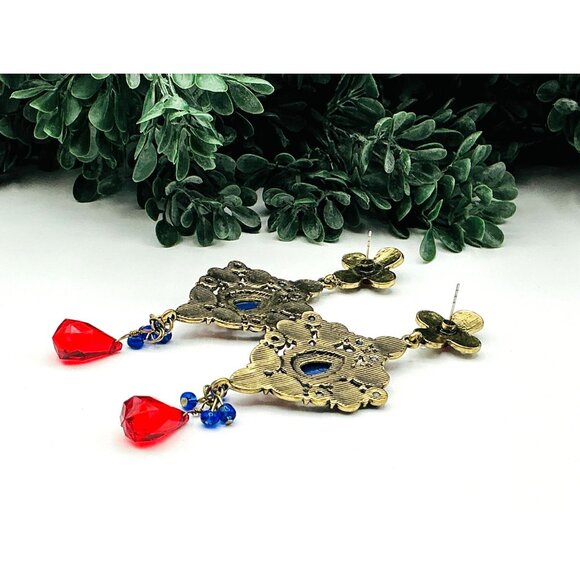 Vintage Inspired Bohemian Blue Red Crystal Chandelier Earrings - Picture 5 of 5